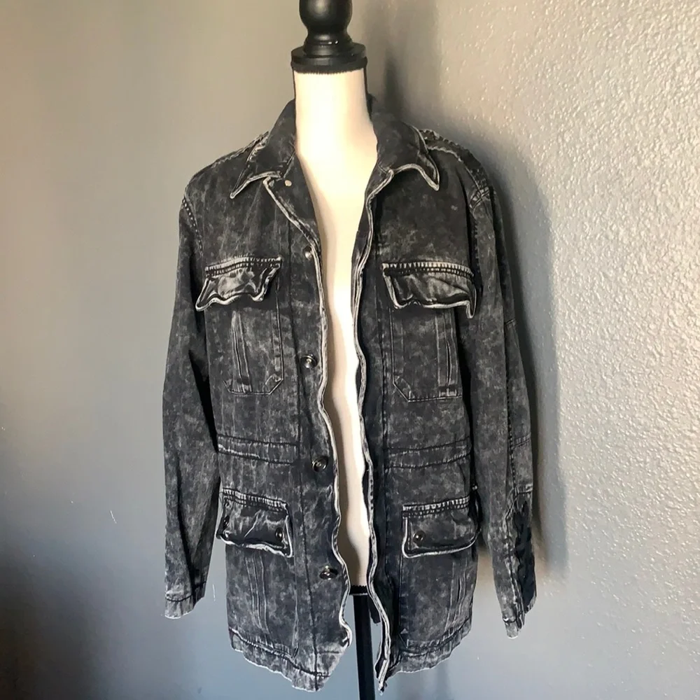 Vintage Havana Acid Wash Denim Jacket Small Black Flannel Lined Lace Up